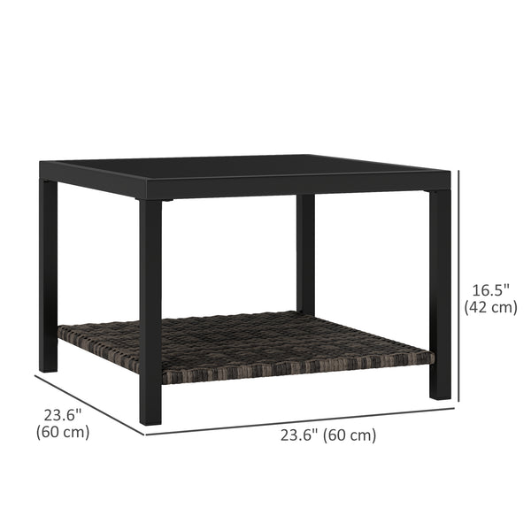Table basse d'extérieur avec plateau en verre trempé et étagère de rangement pour terrasse, jardin et balcon, noire