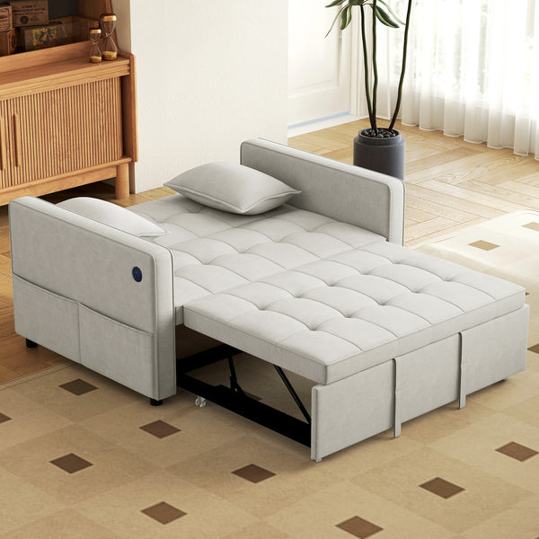 3-in-1 Convertible Sofa Bed, Pull Out Sleeper Sofa with USB Charging, Adjustable Backrest, Side Pockets, Beige