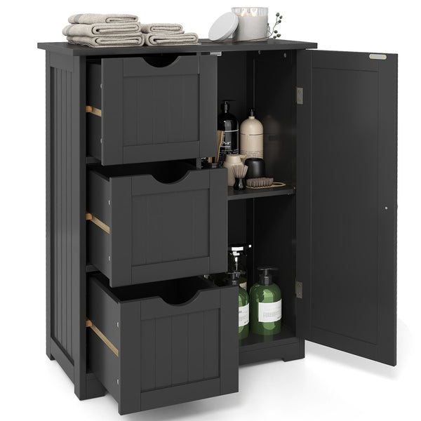 Side bathroom storage cabinet with 3 drawers and 1 cupboard-black