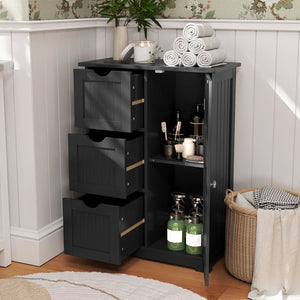 Side bathroom storage cabinet with 3 drawers and 1 cupboard-black