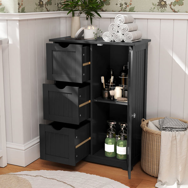 Side bathroom storage cabinet with 3 drawers and 1 cupboard-black