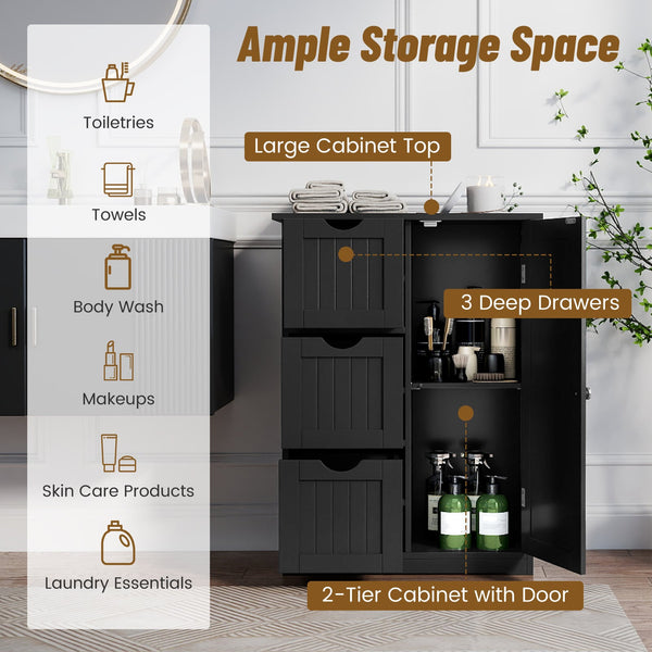 Side bathroom storage cabinet with 3 drawers and 1 cupboard-black