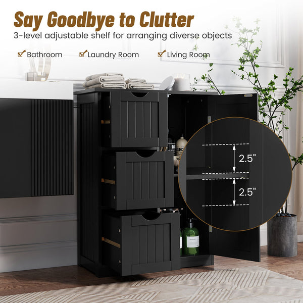 Side bathroom storage cabinet with 3 drawers and 1 cupboard-black