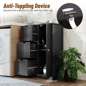 Side bathroom storage cabinet with 3 drawers and 1 cupboard-black
