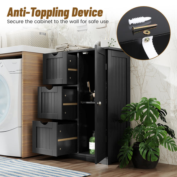 Side bathroom storage cabinet with 3 drawers and 1 cupboard-black