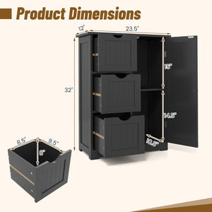 Side bathroom storage cabinet with 3 drawers and 1 cupboard-black
