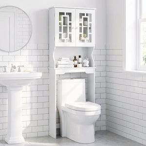 Meuble de rangement blanc au-dessus de la toilette avec armoire vitrée et tablette réglable