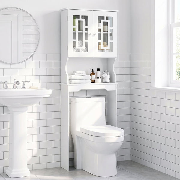 Meuble de rangement blanc au-dessus de la toilette avec armoire vitrée et tablette réglable