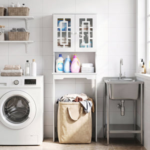 Meuble de rangement blanc au-dessus de la toilette avec armoire vitrée et tablette réglable