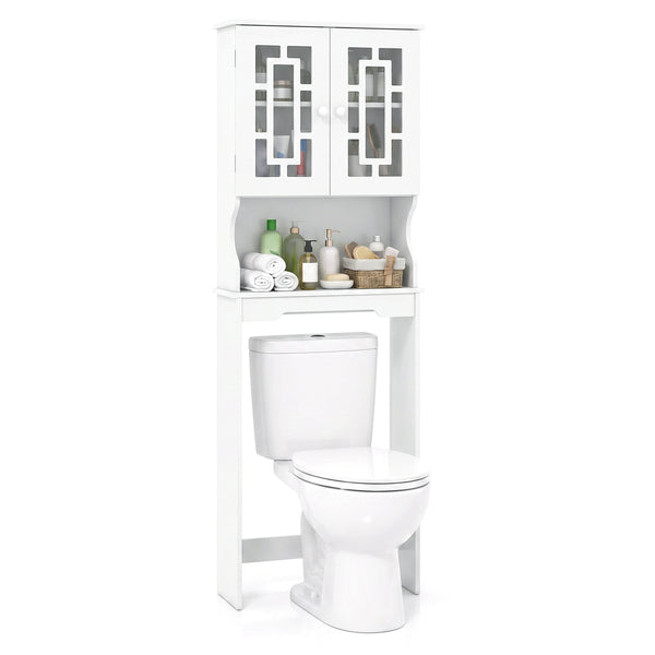 Meuble de rangement blanc au-dessus de la toilette avec armoire vitrée et tablette réglable