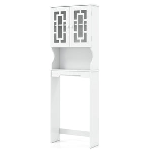 Meuble de rangement blanc au-dessus de la toilette avec armoire vitrée et tablette réglable