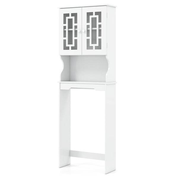 Meuble de rangement blanc au-dessus de la toilette avec armoire vitrée et tablette réglable