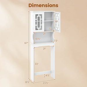 Meuble de rangement blanc au-dessus de la toilette avec armoire vitrée et tablette réglable