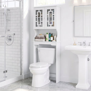Meuble de rangement blanc au-dessus de la toilette avec armoire vitrée et tablette réglable