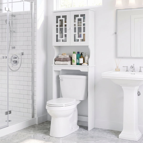 Meuble de rangement blanc au-dessus de la toilette avec armoire vitrée et tablette réglable