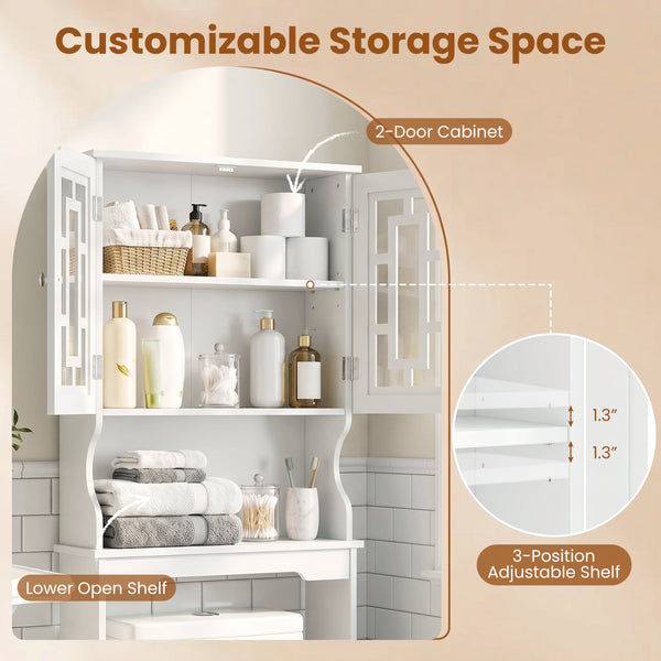 Meuble de rangement blanc au-dessus de la toilette avec armoire vitrée et tablette réglable