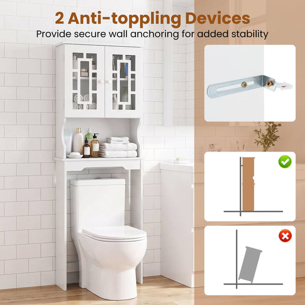 Meuble de rangement blanc au-dessus de la toilette avec armoire vitrée et tablette réglable