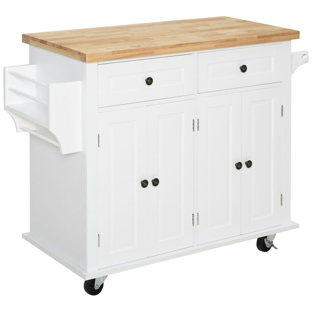 Îlot de cuisine avec rangements en bois d'hévéa, étagère à épices, porte-serviettes