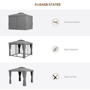 10' x 10' Outdoor Patio Gazebo Double Soft-top Garden Shelter Tent with Curtains, &amp; Mesh Screen Drapes, Light Gray