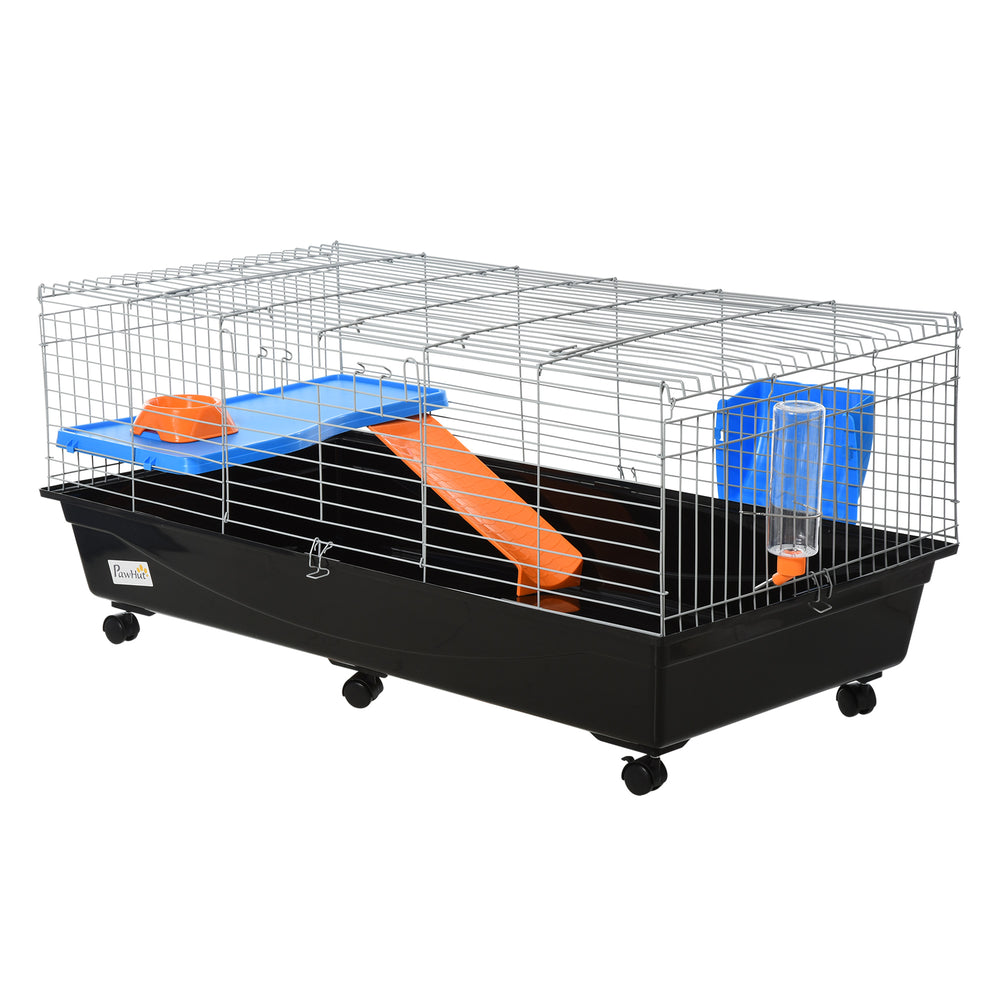 47" Rolling cage with a feeding bowl, a water bottle and an access ramp