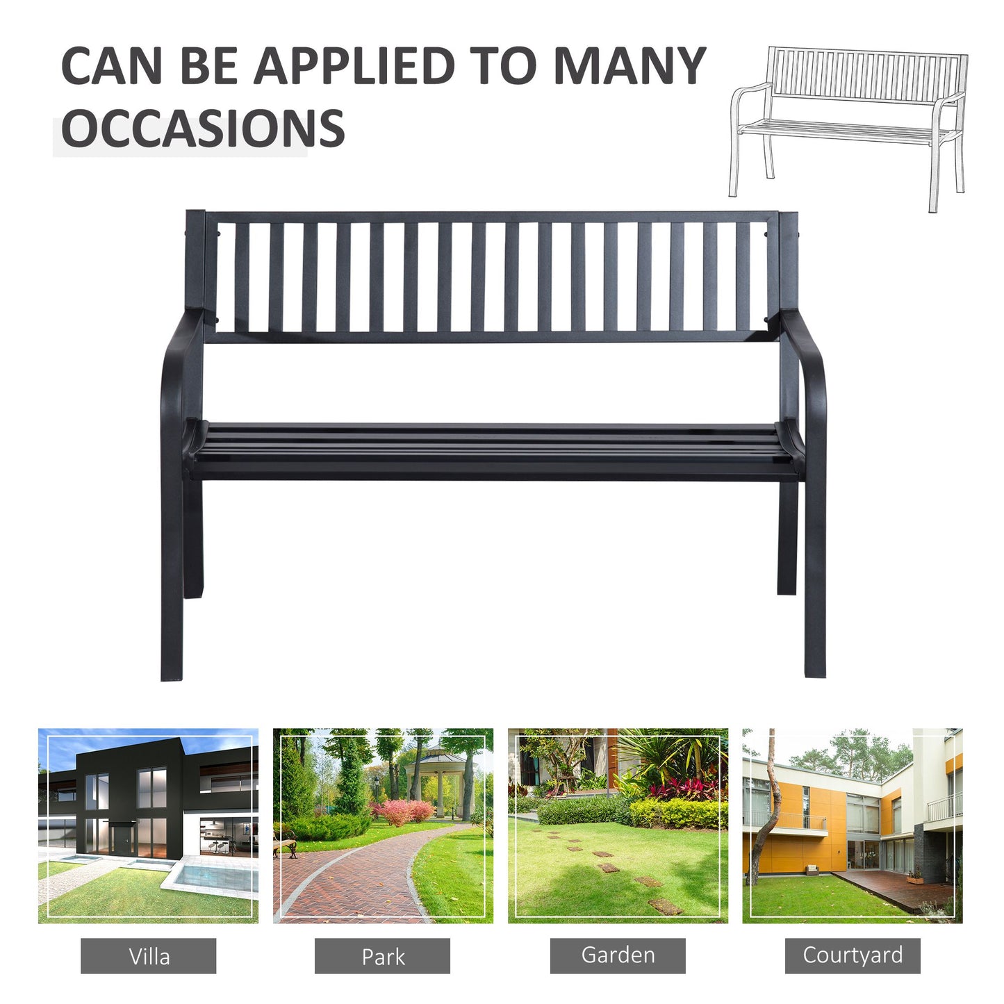 Outsunny 127cm Steel Garden Bench, Metal Park Chair, Brown