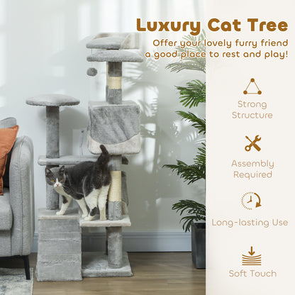 53" Cat Tree with Scratching Post, Large Kitten Playhouse, Multi-Level Activity Center, Gray