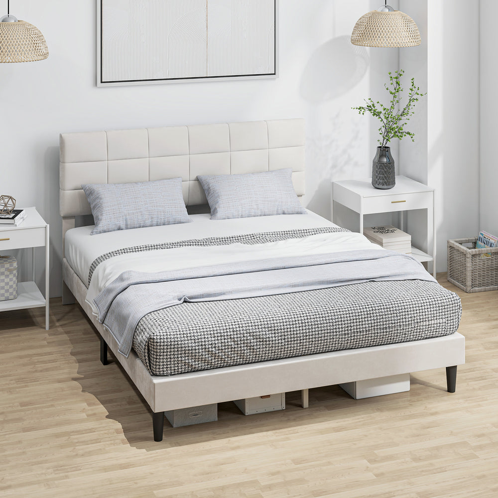 Cadre de lit Queen Size avec tête de lit rembourrée avec lattes en bois, capacité de charge de 500 kg, couleur crème
