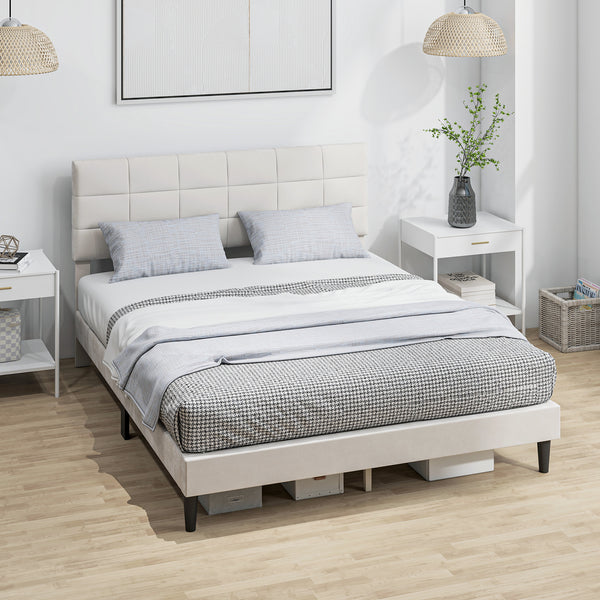 Cadre de lit Queen Size avec tête de lit rembourrée avec lattes en bois, capacité de charge de 500 kg, couleur crème