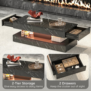 Coffee table with adjustable LED lighting, 2 drawers, open shelf, remote control, glossy black marble effect finish.