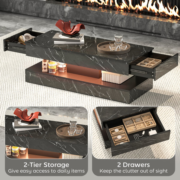 Coffee table with adjustable LED lighting, 2 drawers, open shelf, remote control, glossy black marble effect finish.