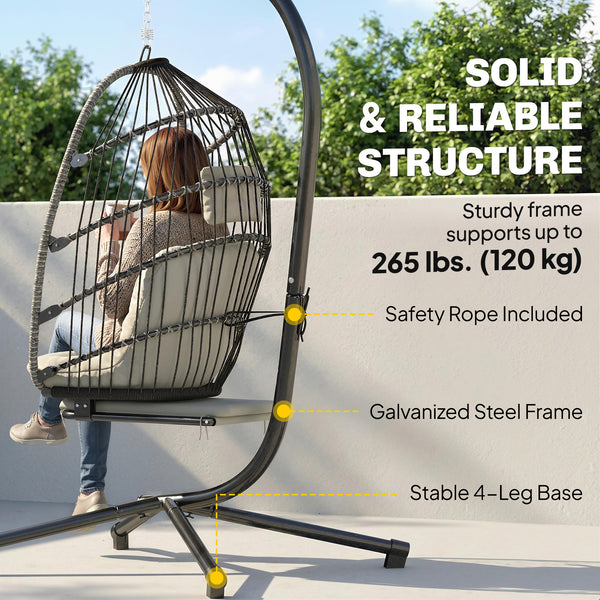 Fauteuil suspendu d'extérieur en forme d'œuf avec repose-pieds rétractable et support en métal gris clair
