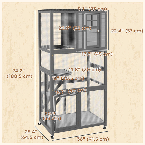 Wooden cat house, weatherproof and on wheels, light grey