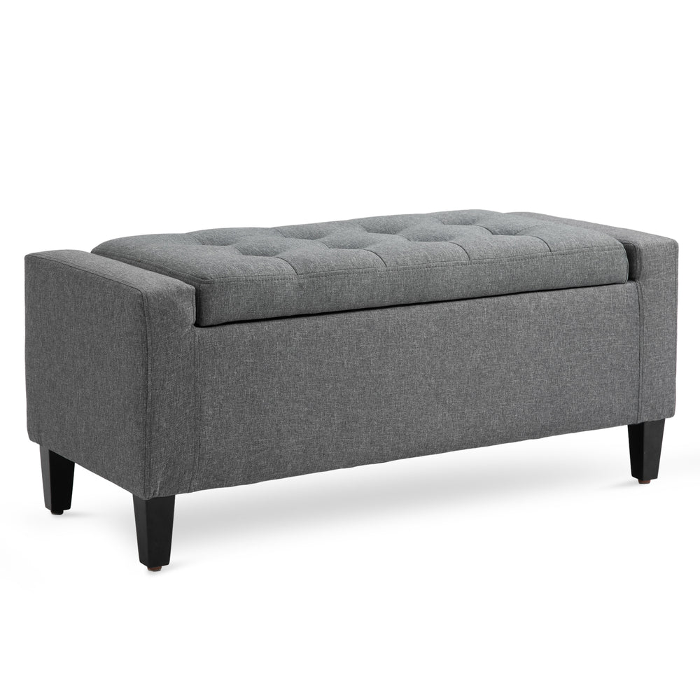 Banc ottoman de rangement capitonné en tissu toucher lin avec plateau rabattable, gris