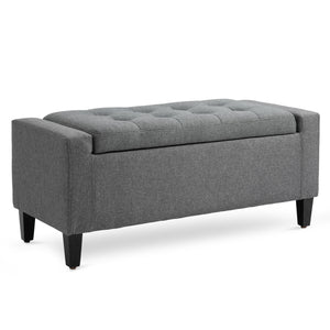 Banc ottoman de rangement capitonné en tissu toucher lin avec plateau rabattable, gris