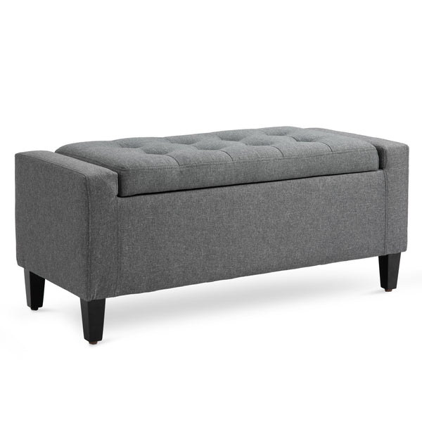 Banc ottoman de rangement capitonné en tissu toucher lin avec plateau rabattable, gris