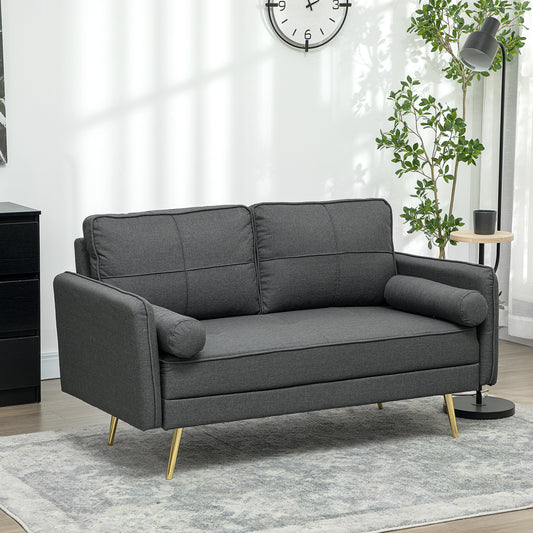 HOMCOM 56" Upholstered 2 Seater Sofa with Back Cushions and Pillows, Dark Grey