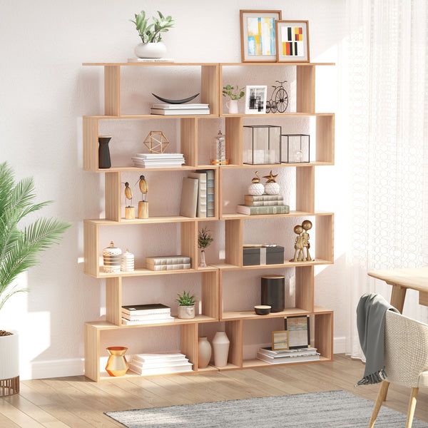 Bibliothèque géométrique en bois à 6 niveaux en forme de S, érable