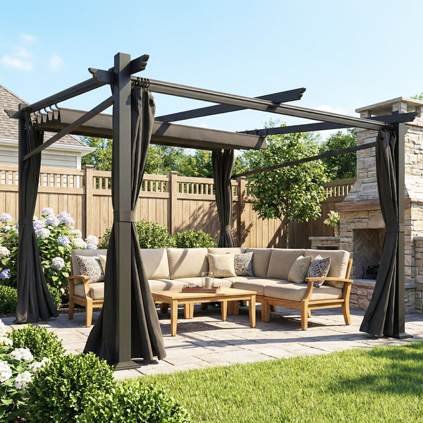 Pergola métallique avec toit coulissant et rétractable, 10 x 10, noire