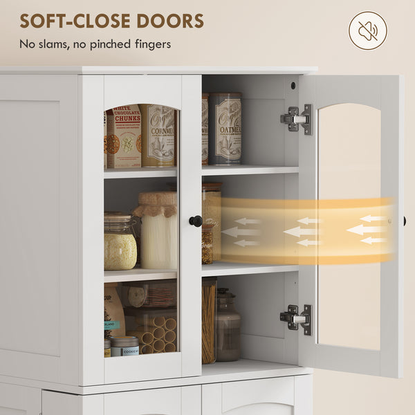 Armoire de cuisine avec portes en acrylique à fermeture amortie, 10 étagères et 8 supports de porte, blanche.