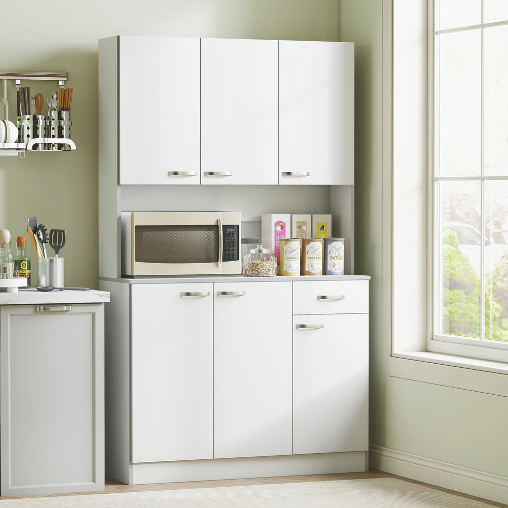 Buffet/Vaisselier de 71 po sur pied avec placards de rangement, tiroir, espace ouvert et support pour micro-ondes, blanc
