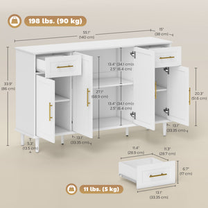 Buffet avec portes à fermeture amortie avec 2 tiroirs, 3 étagères réglables et 4 portes, blanc