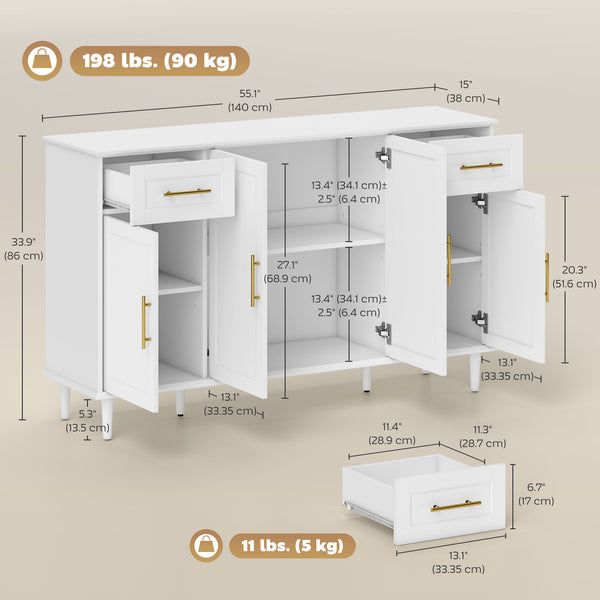 Buffet avec portes à fermeture amortie avec 2 tiroirs, 3 étagères réglables et 4 portes, blanc