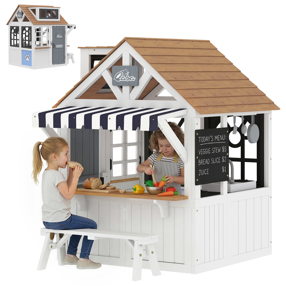 Maisonnette en bois pour enfants avec chatière, ustensiles de cuisine, tableau noir, banc et sonnette