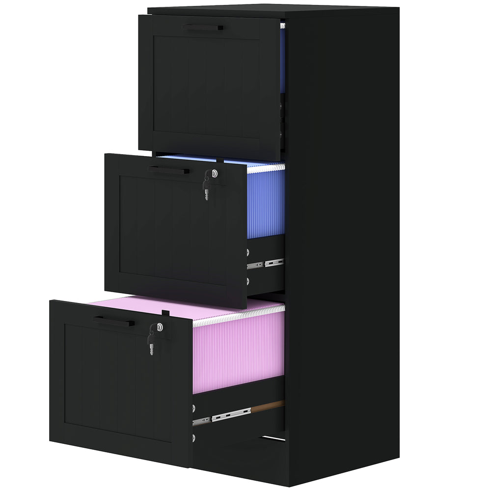 Classeur 3 tiroirs avec serrure, armoire de rangement de bureau avec barres de suspension réglables pour dossiers format A4, noir