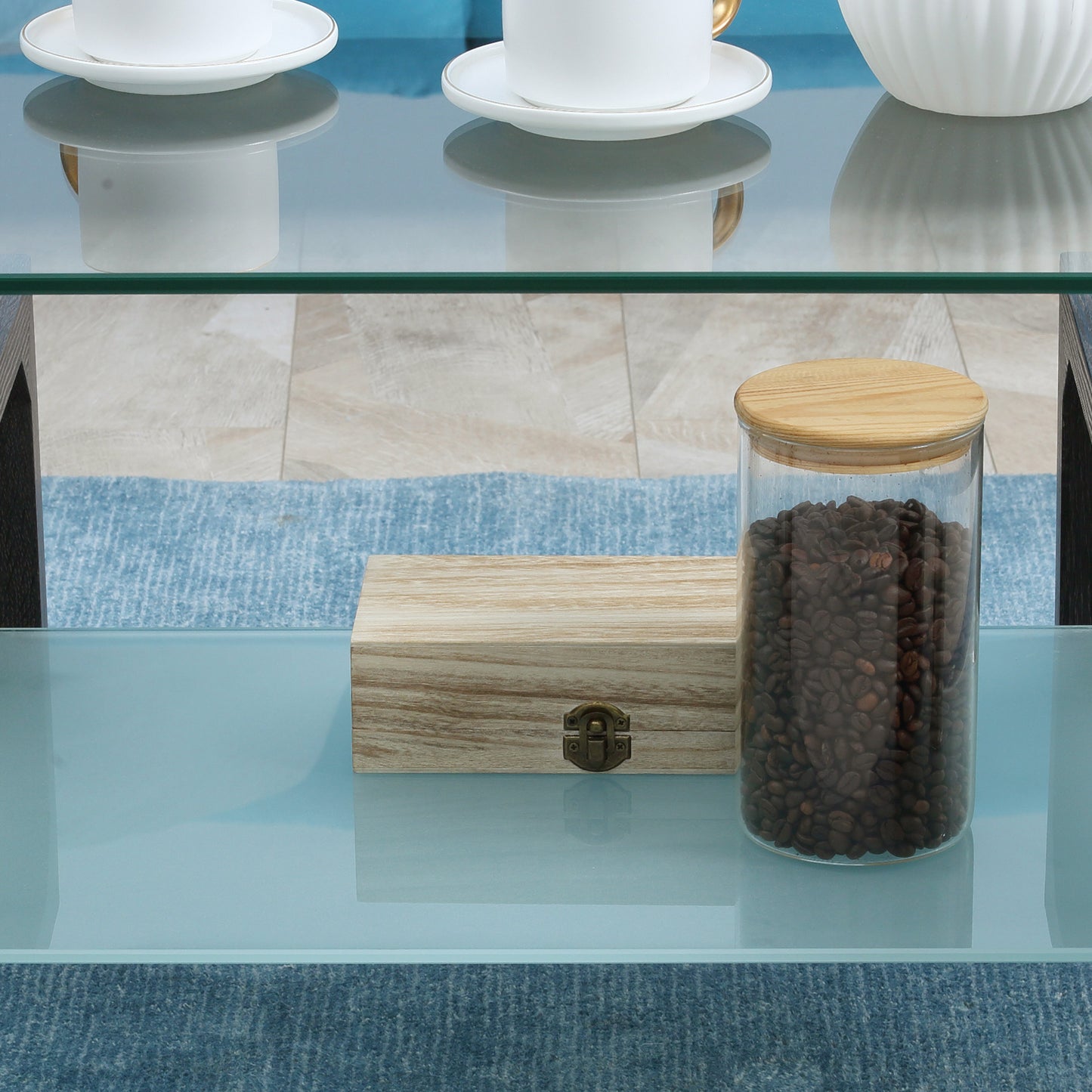 Table basse rectangulaire en verre avec plateau en verre trempé et étagère de rangement pour salon, gris