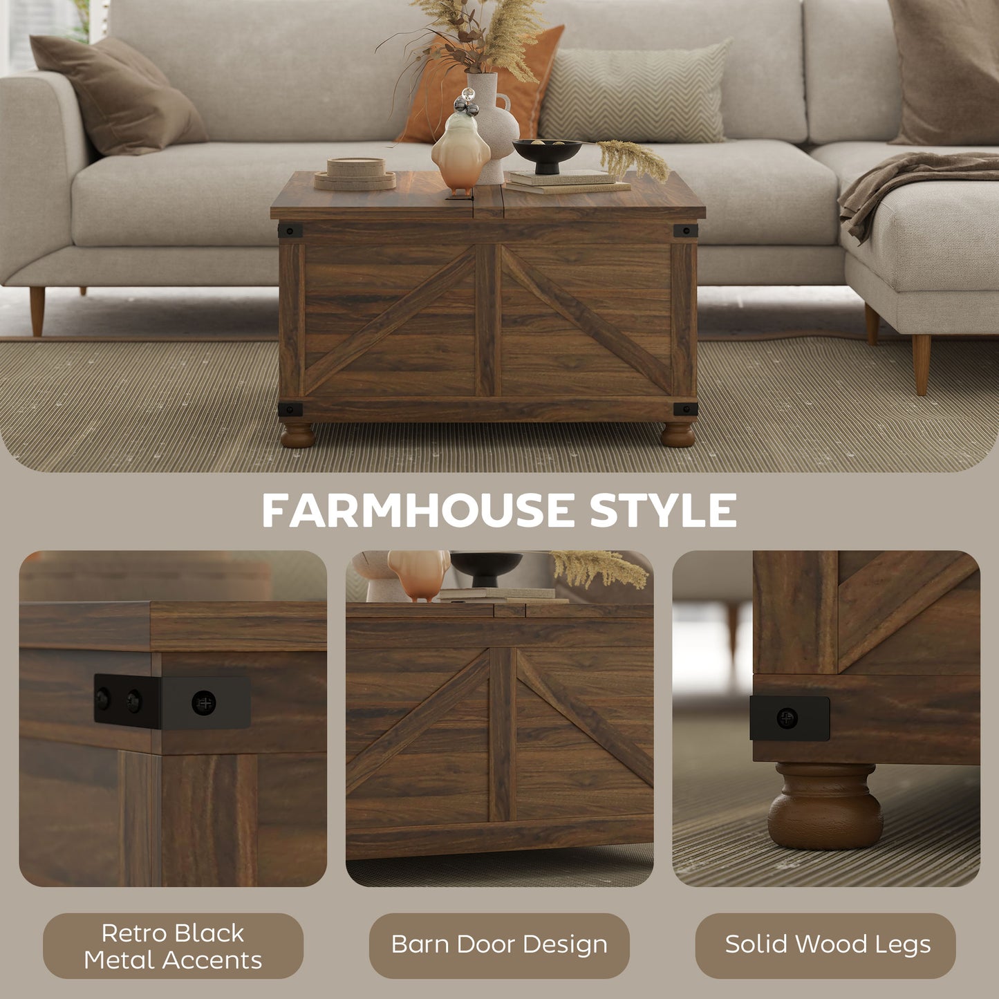 Table basse avec plateau relevable de style campagnard avec compartiment caché, grain de bois brun