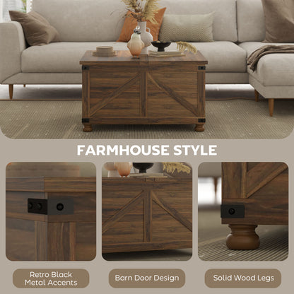 Table basse avec plateau relevable de style campagnard avec compartiment caché, grain de bois brun