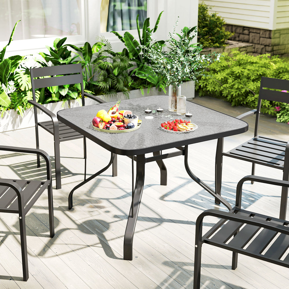 Tempered Glass Square Patio Dining Table w/ 2.1" Umbrella Hole for Garden, Balcony, Backyard, 38" x 38" x 28"