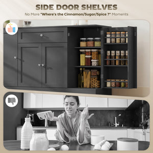 Meuble de rangement de cuisine moderne avec tiroir, étagères réglables avec supports de porte, noir