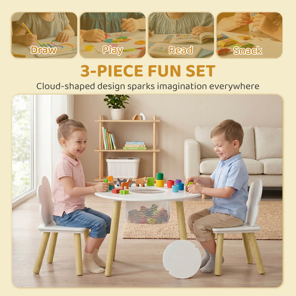 Ensemble table et chaises pour enfants 3 pièces, comprenant une table d'activités, des chaises en forme de nuage et un sac en filet.